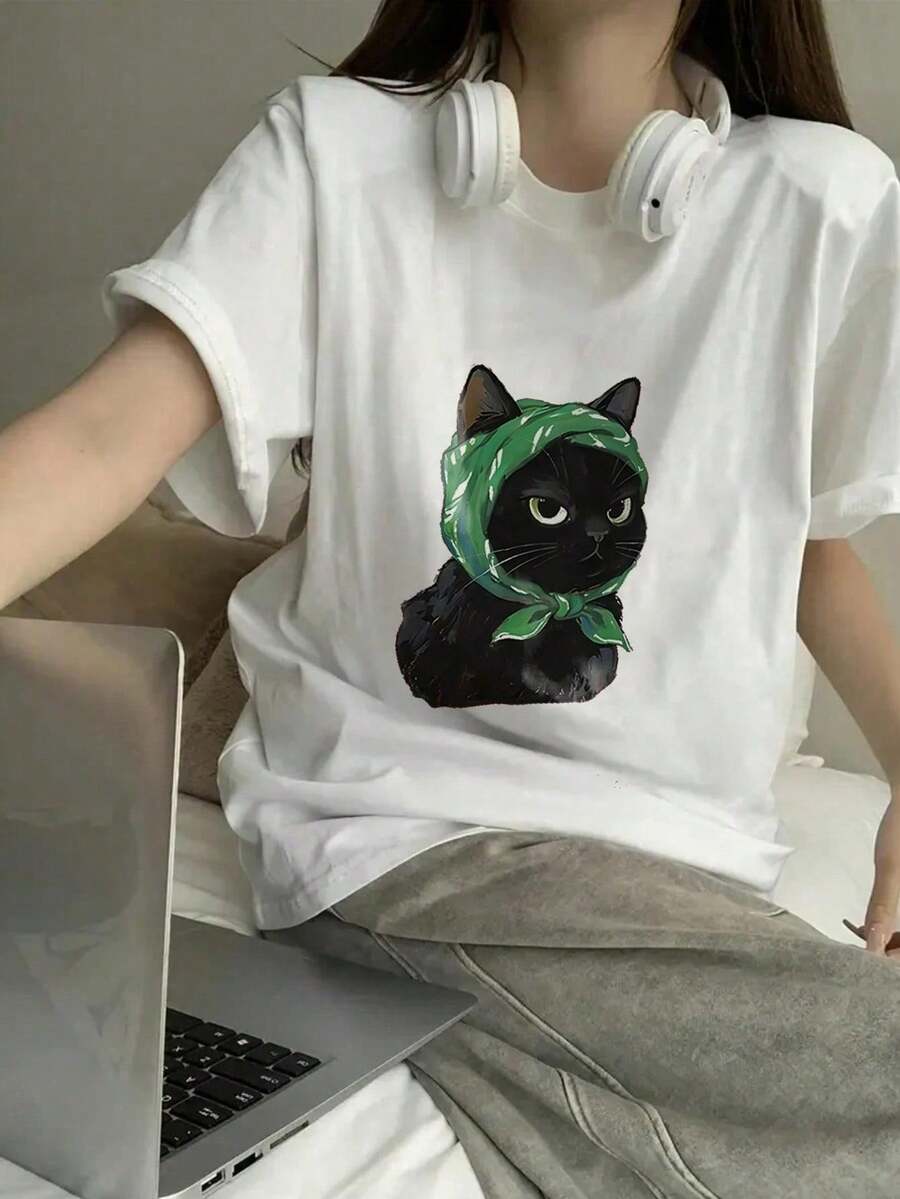 [ 100% Cotton ] Recommended New Products For Summer 2026: Lace Logo T-Shirt, Summer Dress, Women's Fashion T-Shirt, Short Sleeve Office Casual 200g Cotton Cartoon Character Printed Loose White Top, Y2K Women's Top, Spring Dress Top - White - View 1