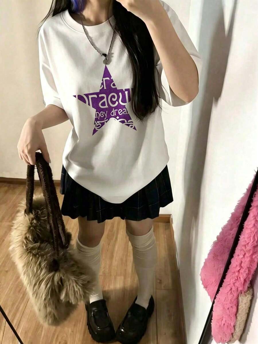 [ 100% Cotton ] Recommended New Products For Summer 2026: Lace Logo T-Shirt, Summer Dress, Women's Fashion T-Shirt, Short Sleeve Office Casual 200g Cotton Cartoon Character Printed Loose White Top, Y2K Women's Top, Spring Dress Top - White - View 1