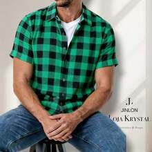 LK Checkered Printed Men's Short-Sleeve Dress Shirt For June Festivals - 綠色 - 查看 2
