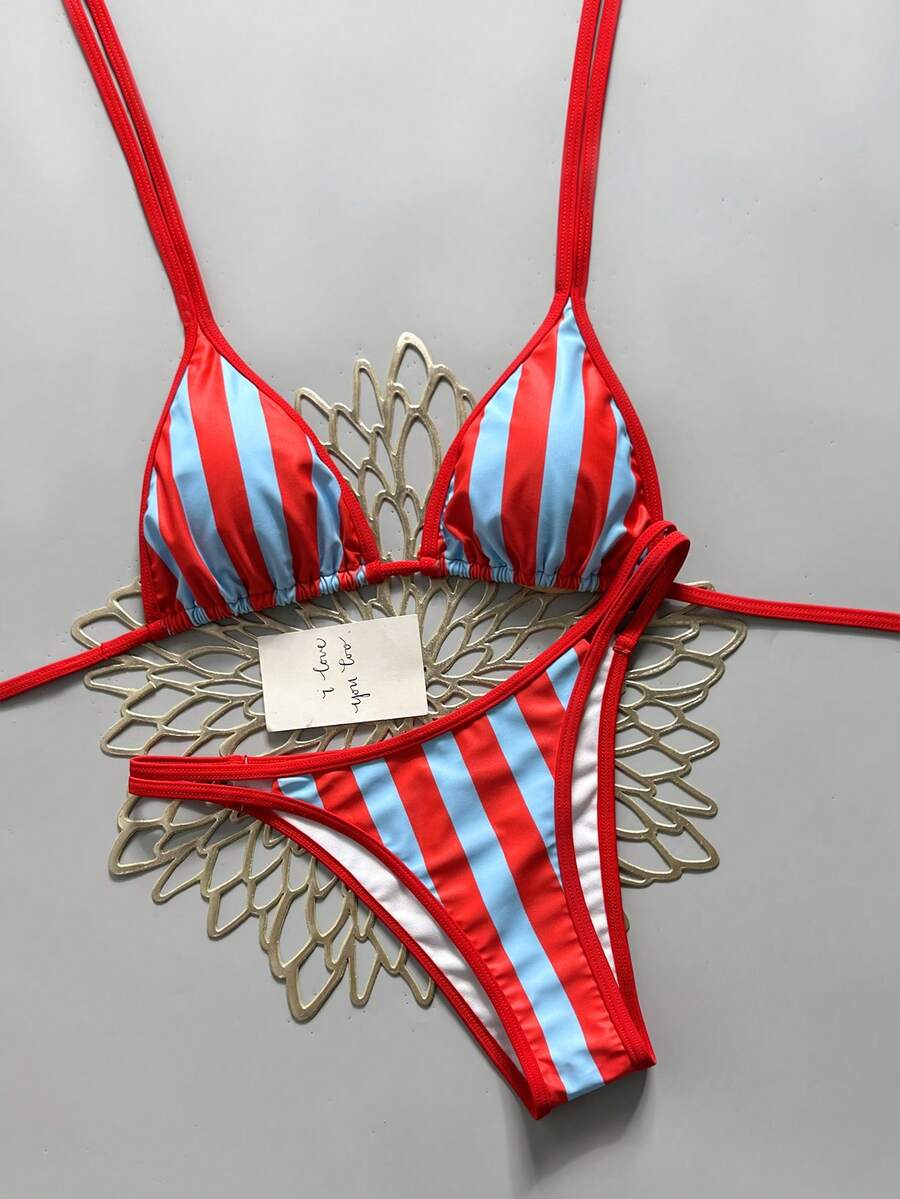 女款新款多色條紋時尚波西米亞風比基尼兩件套 度假海灘夏季 - 彩色 - 查看 1