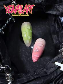 10片手工 Y2K 風格甜杏仁形假指甲，裸色底色搭配粉綠漸層，3D 桃子浮雕與珍珠泡泡裝飾，清新春季全覆蓋設計，適合日常穿戴、約會、度假、派對美甲，手工穿戴式指甲 - 綠色 - 查看 7