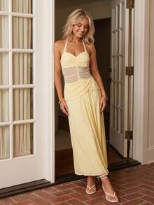 Womens Summer Halter Dress A Line Stylish Ruched Solid Color Sleeveless Backless Long Dress - Yellow - View 3