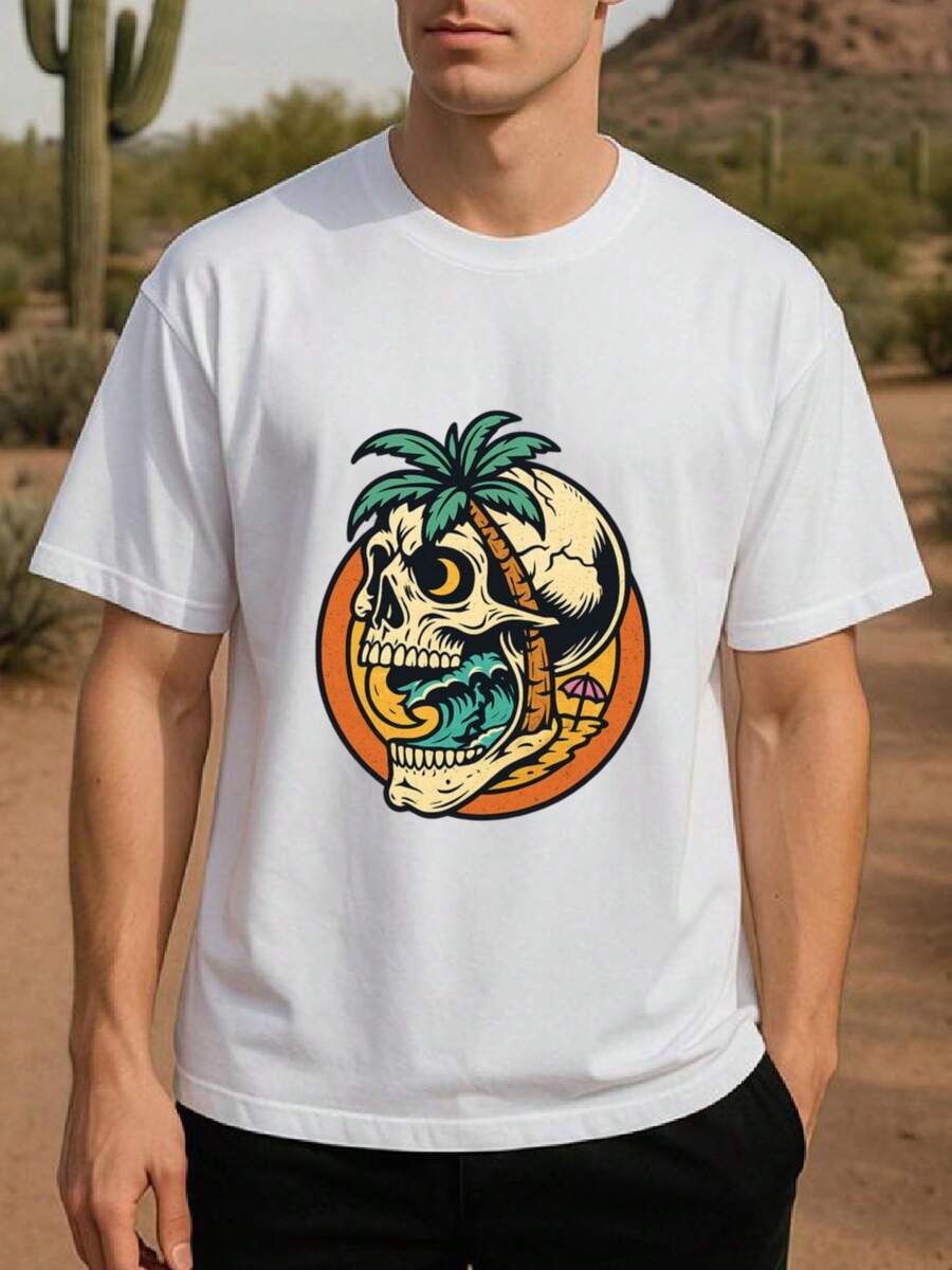Men's Short-Sleeved T-Shirt With Skull, Wave, Sunset And Palm Tree Print, Loose Fit, Round Neck, Comfortable And Unique, Ideal For Gamers And Theme Parties, Team Games, Made With Pure Fiber, Machine Washable - 白色 - 查看 1