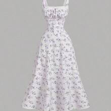 MOD Vestido floral con panel delantero de encaje, cuello cuadrado, espalda recogida con lazo, vestido de fiesta, vestido de brunch, vestido de vacaciones, vestido de banquete, vestido del Día de San Valentín, atuendos de vacaciones en la playa, estilo bohemio, vestidos de verano, vestido maxi floral blanco y azul para invitada de boda, estilo cottagecore, vestido línea A sin mangas de cuello cuadrado, vestido de verano elegante para boda en jardín, fiesta de cóctel, compromiso, reunión fes - Rojo y blanco - Ver 2