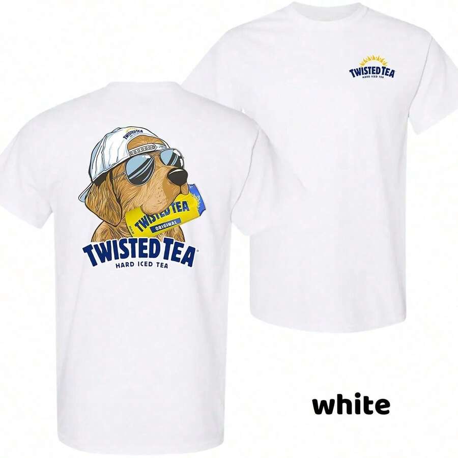 Twisted Tea Hunting Dog Men's T-Shirt - Double-Sided Beer Graphic Design, Crew Neck, Short Sleeve, Streetwear Casual Top, Men's Fashion T-Shirt. - 白色 - 查看 1