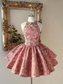 Lovelzi Vestido elegante, romántico y sexy de jacquard dorado, espalda descubierta, cintura con lazo, para fiesta de cumpleaños, baile, invitada de boda o graduación - Rosa vieja - Ver 5