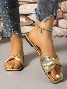 Women's Fashion Foldable Soft Leather Flat Pleated Slide Sandals, Versatile Slip-On Flat Square Toe Summer Sandals - 金子 - 查看 3