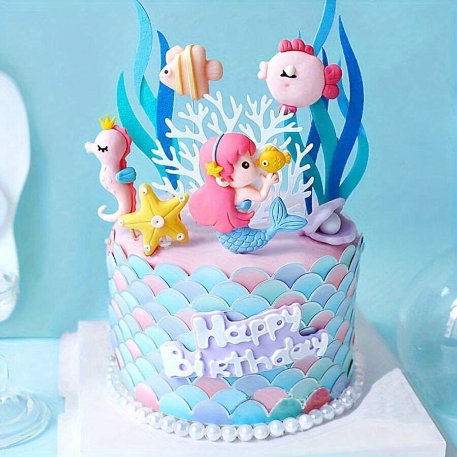 1pc Ocean Theme Cake Decor, Cute Fairy Tale Mermaid Ocean Cake Decoration Ornament, Suitable For Birthday Gender Reveal Theme Party - Multicolor - View 1