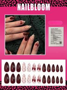 24 pièces Autocollants d'ongles de forme amande moyenne, design à pois rouges et nœuds, couverture complète brillante, style minimaliste, livré avec 2 accessoires, convient pour le port quotidien des femmes et des filles, set de nail art d'automne/hiver - Multicolore - Voir 2