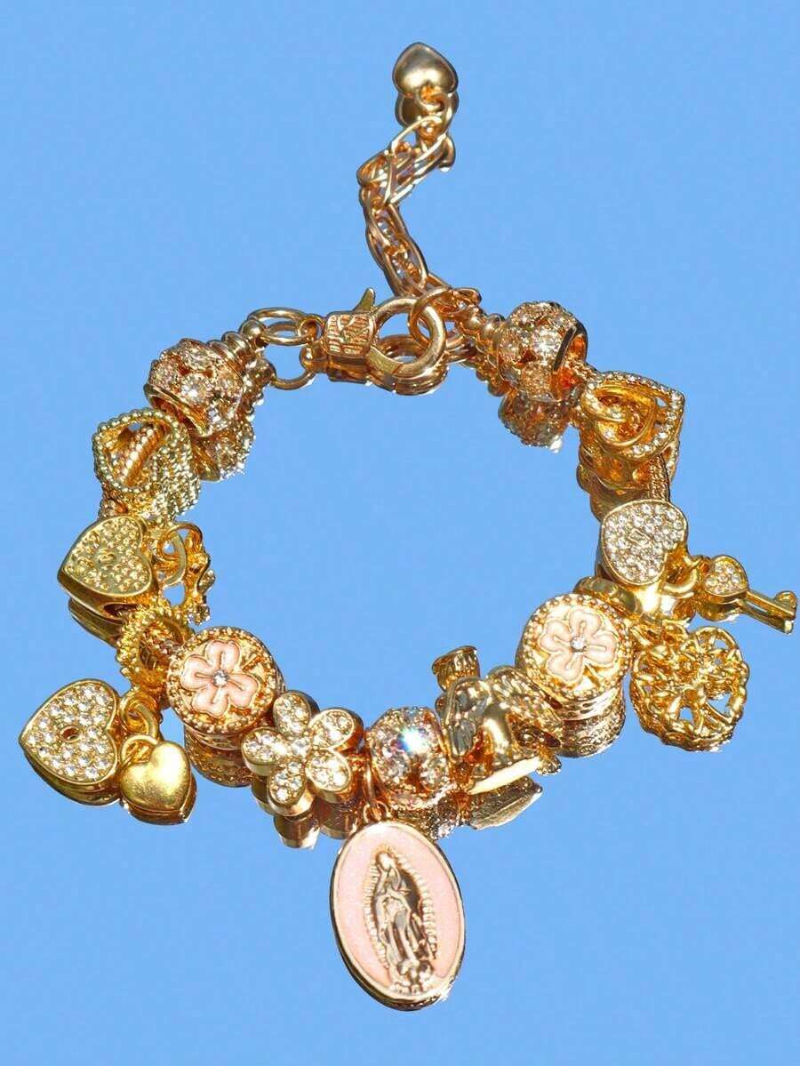 1 Religious Bracelet With Virgin Mary Charm, 1 Religious Bracelet With Cross, 1 Sakura DIY Fashion Bracelet, 1 Fashion Bracelet With Heart-Shaped Padlock And Key. - 粉色 - 查看 1
