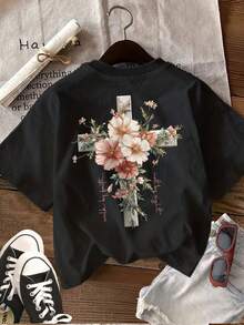 Women's Casual Summer Top With Double Side Print, Watercolor Style, Walk By Faith This Is Print With Floral And Criss Cross Pattern, Short Sleeve Round Neck T-Shirt, Ling K, Women's Summer Outfit. - Black - View 2