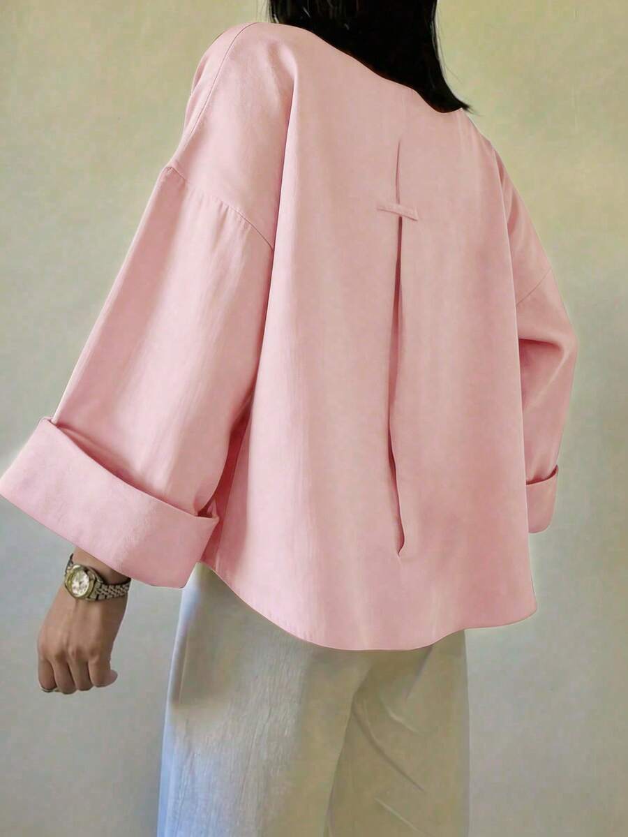 Women's Polyester Striped Drop Shoulder Long Sleeve Collared Shirt, Front Button Design, Regular Length, Non-Stretch Fabric Top Pink - Pink - View 1