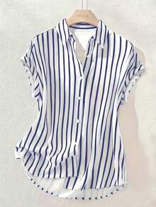 Plus Size Summer Fashion Striped Single-Breasted Drop Shoulder Short Sleeve Shirt, Polyester Contrast Color Front Button Closure, Short Front Long Back Design - Blue Stripes - View 2