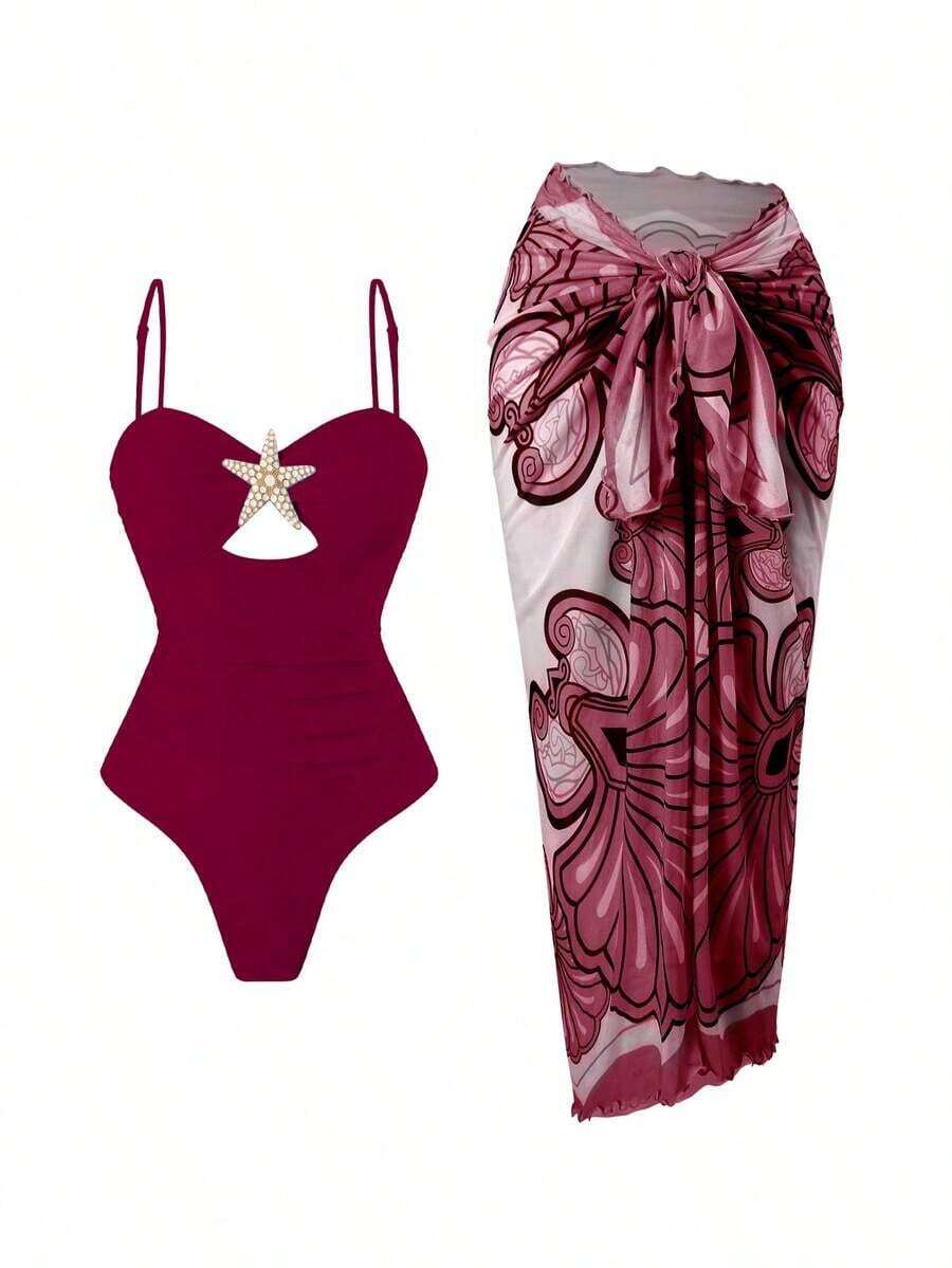 Traje de baño de una pieza con volantes y decoración de estrella de mar calada, con falda larga atada para mujer, para vacaciones de verano en la playa - Burdeos - Ver 1