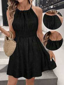 LUNE Vestido casual de mujer con textura de jacquard con cuello halter - Negro - Ver 3
