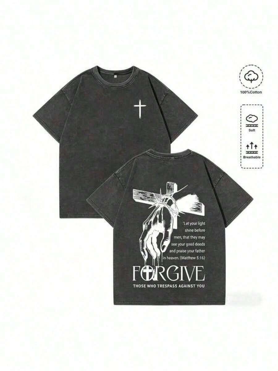 Camiseta Vintage Lavada para Hombre - Estampado Gráfico de Mano con Espinas y Cruz "FORGIVE", Camiseta de Manga Corta Casual Retro para Uso Diario, Camisetas de Algodón Cómodas para Regalos de Vacaciones 004-AB Ropa de Hombre Conjunto a Juego para Parejas Camisetas a Juego para Parejas Ropa de Hombre Camisas Polo Camisetas Gráficas de Algodón Camisetas Gráficas Manfinity Camisetas Gráficas de Algodón Ropa de Mujer 100 Por Ciento Algodón Ropa de Mujer Ropa de Mujer Esta camiseta de manga corta con cuello redondo presenta un estampado elegante y un diseño casual adecuado tanto para hombres como para mujeres, lo que la convierte en un excelente regalo para amigos y familiares. Confeccionado con 100% algodón puro, posee un estilo juvenil y estético que atrae a todos los géneros. - Negro - Ver 1