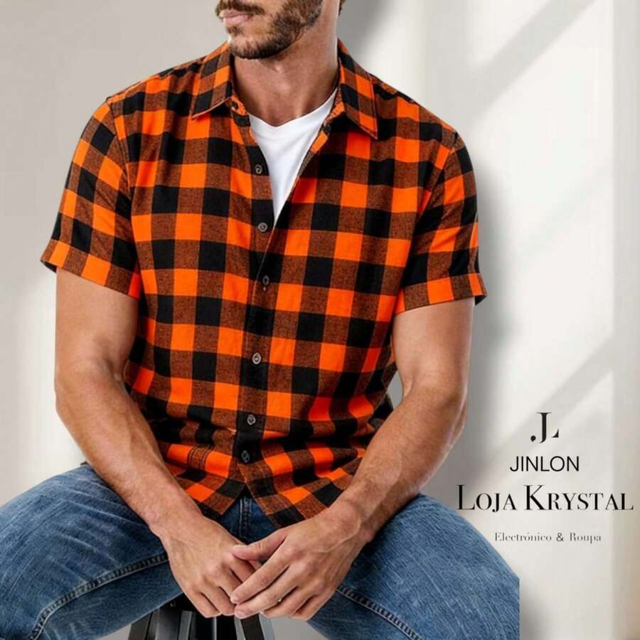 LK Checkered Printed Men's Short-Sleeve Dress Shirt For June Festivals - Orange - View 1