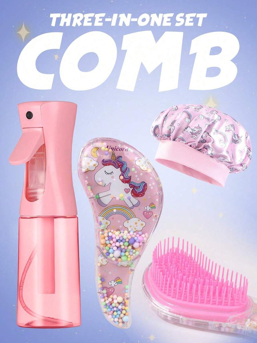 3pcs Hair Care Set: (6.8 Oz/200ml) Continuous Mist Hair Spray Bottle, Unicorn Cartoon Styling Comb For Adults & Girls, Silk Sleep Cap (Unicorn Design) To Wear While Sleeping Or Washing Face To Prevent Hair From Getting Wet - Multicolor - View 1