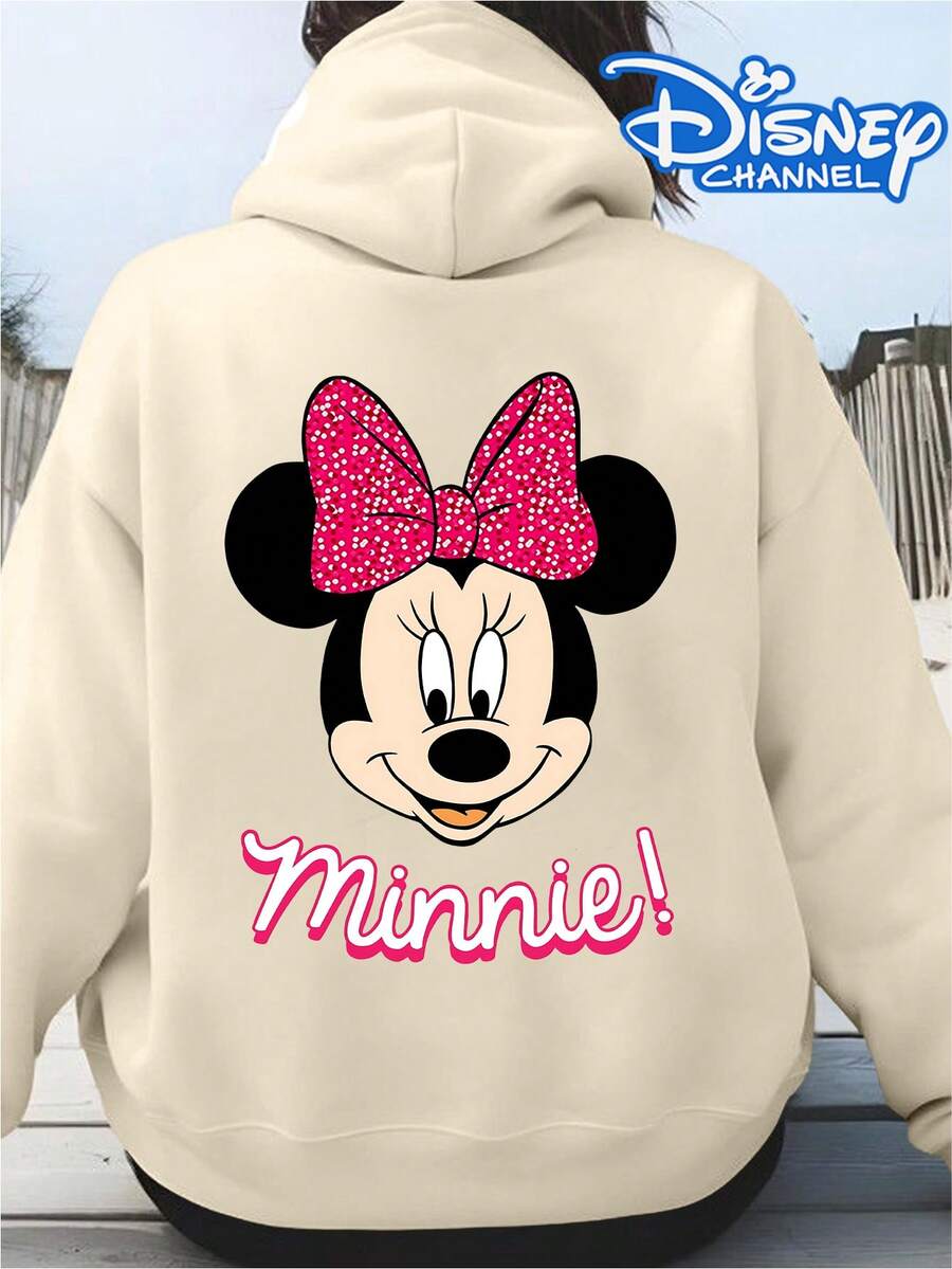 Disney Pink Sparkly Bow Minnie Mouse Print Simple Letter Hoodie, Women's Hoodie, Men's Hoodie,Fathers Day Gift,Fourth Of July,Disney Collaboration - 杏色 - 查看 1