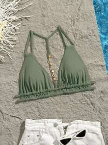 Top de Bikini Sexy y Decorativo de Color Sólido con Espalda Descubierta y Cuello Halter Swim Vcay - Blanco - Ver 8
