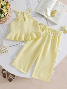 Baby Girls' Solid Color Spaghetti Strap Bowknot Ruffle Hem Top And Straight Leg Pants 2 Pieces Outfit, Suitable For Daily Outings In Spring/Summer - Mustard Yellow - View 3