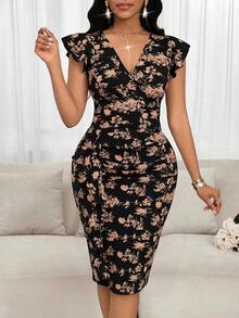 Vestido midi elegante de mujer con cuello en V, estampado floral y volantes - Multicolor 7 - Ver 1