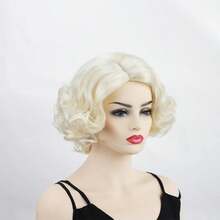 Women's Short Platinum Blonde Wavy Curly Wig, Synthetic Fiber Vintage Hairpiece, Suitable For Halloween Party, Cosplay, Costume Wear, Includes 1 Wig Cap - Gold - View 8