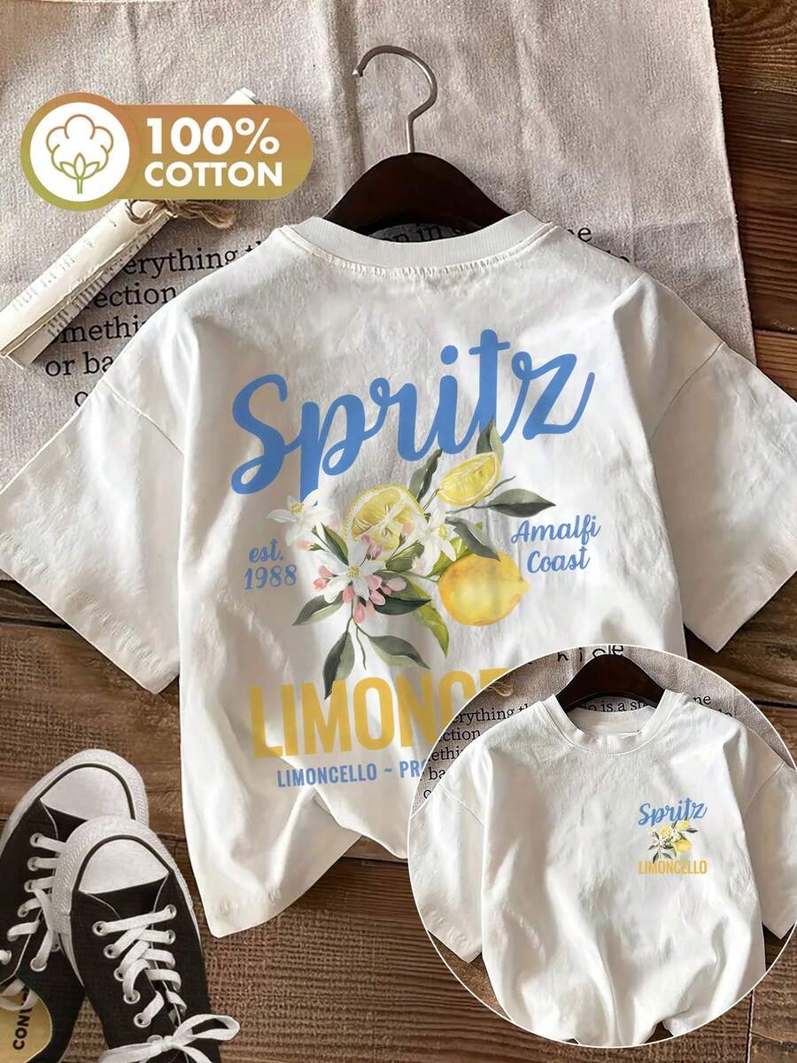 -Spring/Summer Women's T-Shirt, Fresh Style With Lemon And Flower Print, Double-Sided Printing, Casual Daily Short-Sleeved And Round Neck, Yang K, Women's Summer Outfit. - White - View 1