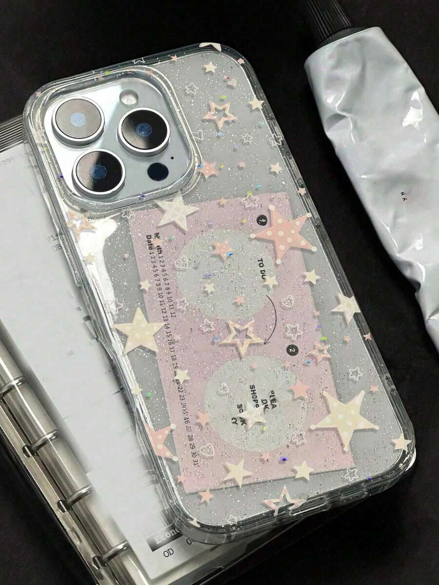 1 buah Casing Ponsel Mewah Berkilau Bermotif Bintang & Hati Berwarna-warni Transparan TPU Tahan Guncangan, Cocok Untuk iPhone 11 12 13 14 15 16 17 Pro Max/Plus 7/8/Air, Hadiah Istimewa