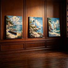 Canvas Wall Art Paintings Of Beach Hut, Lighthouse, Old Ship And Sailboat, Coastal Landscape Wall Art, Creative Canvas Poster, Modern Art Decor, Suitable For Gifts, Bedroom, Room Decor, Home And Dorm, Optional Framing - Blue - View 2