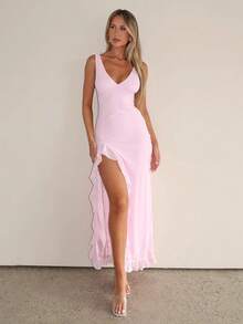 Vestido tirantes unicolor nuevo, escote V con volantes ajustado y con abertura - Rosa - Ver 1