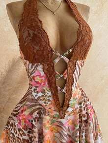 Vestido con cuello de halter con empalmado de encaje, estampado floral y de cebra para mujer - Azul - Ver 11