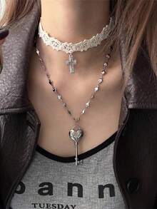 2件套Y2K风格白色蕾丝交叉吊坠项链，甜美别致双层心形项链，时尚派对礼物首饰 - 項鍊 - 查看 2