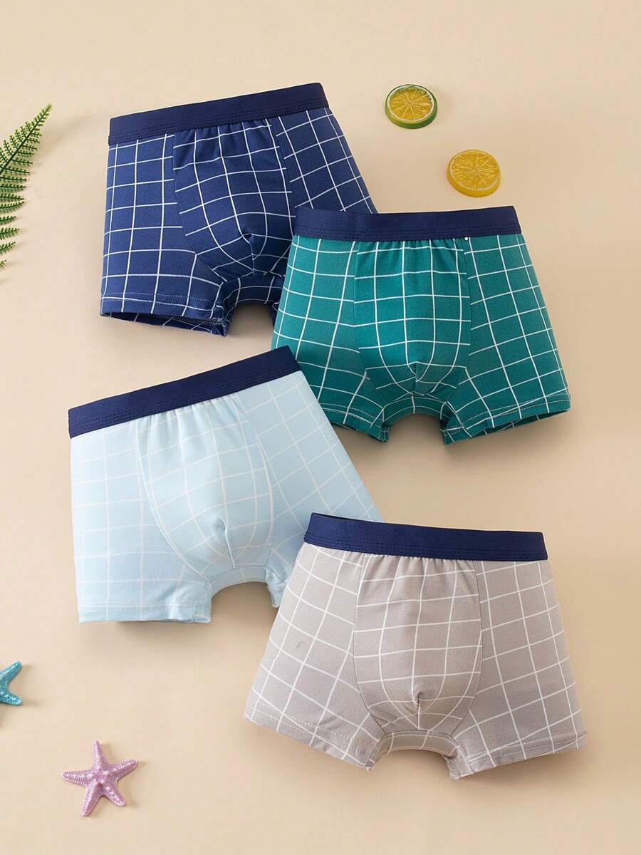 Young Boy 4pcs/Pack Plaid Print Boxer Briefs - Multicolor - View 1