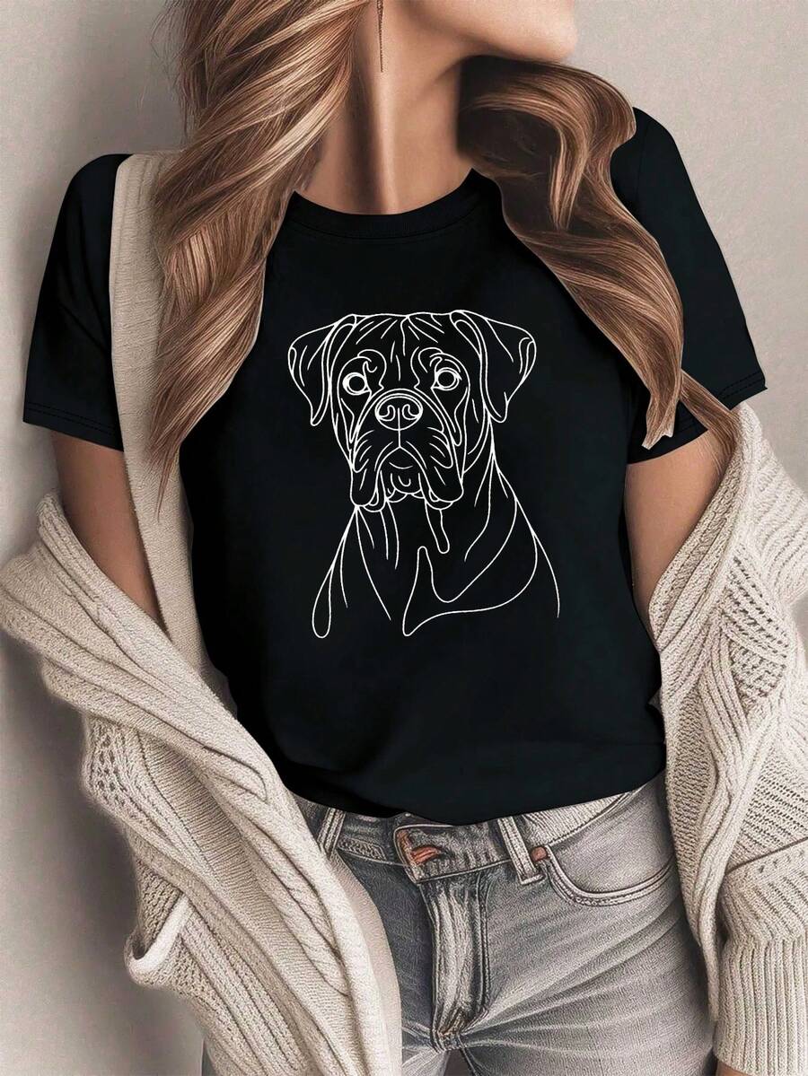 Comfortable Solid Color T-Shirt For Women With Minimalist Dog Drawing Design. - 黑色 - 查看 1