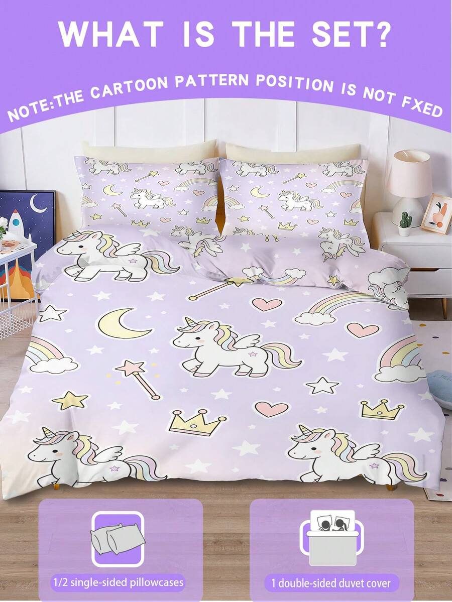 2/3PCS Juego de funda nórdica con estampado de unicornio púrpura, juego de ropa de cama tamaño individual, doble, king y queen, juego de ropa de cama con estampado dulce para niñas, niños y adolescentes 1 funda de edredón + 1/2 fundas de almohada para uso en todas las estaciones con cierre de cremallera (sin relleno) - Multicolor - Ver 1