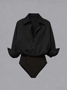 Camisa de manga larga con botones y estampado, de corte holgado, tipo body para mujer - Negro - Ver 1