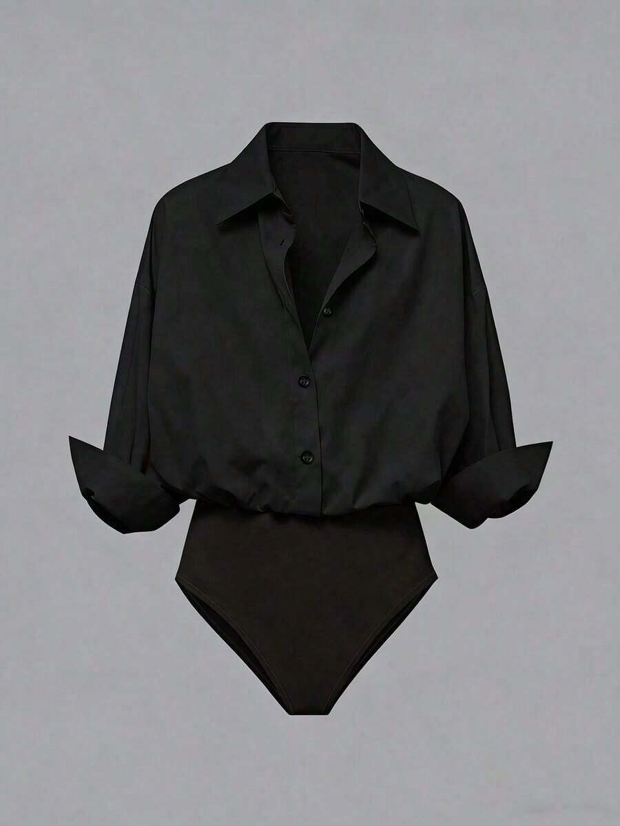 Camisa de manga larga con botones y estampado, de corte holgado, tipo body para mujer - Negro - Ver 1
