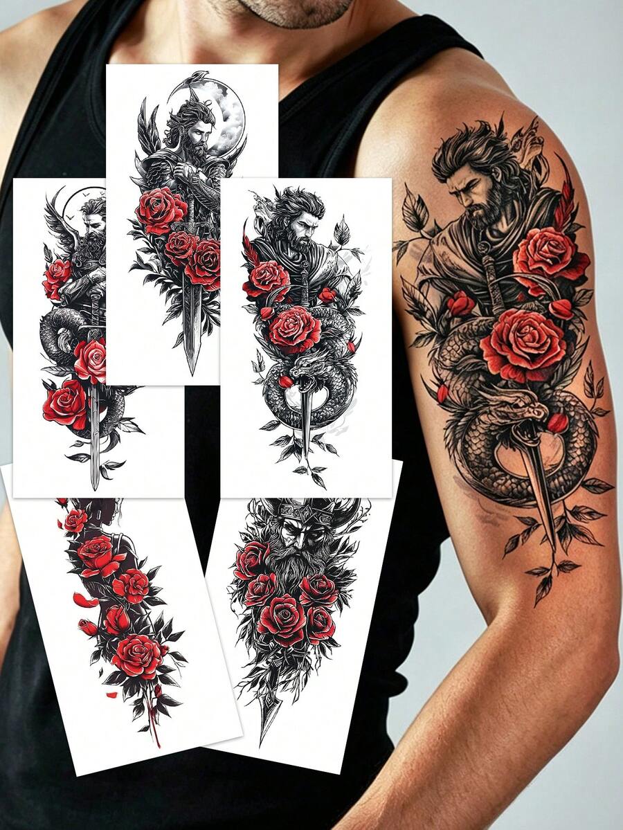 5 piezas de tatuajes temporales grandes, pegatinas para el Body con patrones de rosa roja, héroe y belleza, tatuajes falsos unisex para muslo, brazo, pierna y pecho - Navideño - Ver 1