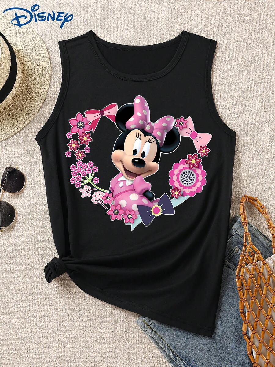 1 buah Tank Top Wanita, Motif Grafis Disney Minnie Mouse, Leher Bulat, Sedikit Elastis - Hitam - View 1