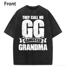 1 Black Cotton T-Shirt With "They Call Me GG Gangster Grandma" Print, Combed Design, Short Sleeves, Round Neck, Casual Fit For Women, Perfect Gift For Grandmothers, Humorous Clothing. | Funny Design T-Shirt | Cotton Fabric, Fun - 灰色 - 查看 1