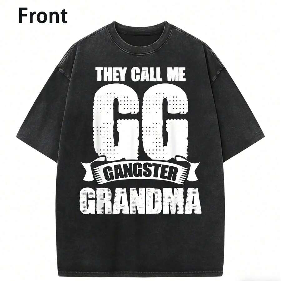 1 Black Cotton T-Shirt With "They Call Me GG Gangster Grandma" Print, Combed Design, Short Sleeves, Round Neck, Casual Fit For Women, Perfect Gift For Grandmothers, Humorous Clothing. | Funny Design T-Shirt | Cotton Fabric, Fun - 灰色 - 查看 1