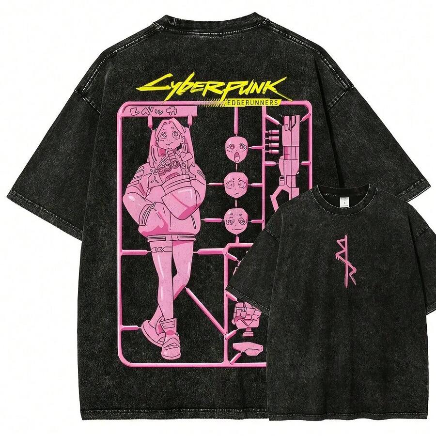 Camiseta Unisex Cyberpunk Edgerunner con Efecto Lavado 26 SEWX - Negro - Ver 1