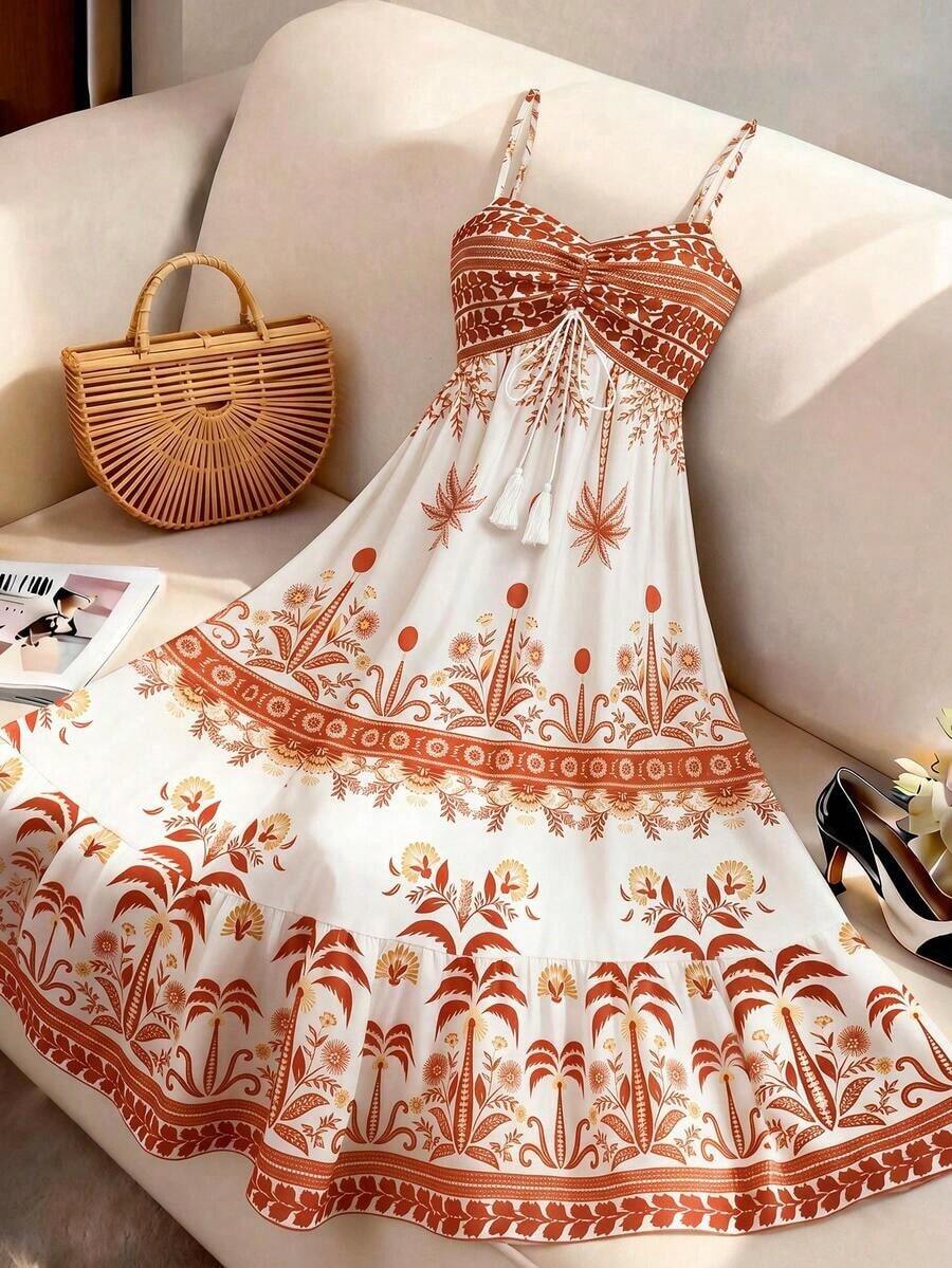 MEXGlowEve Vestido de tirantes finos con estampado y cintura anudada en forma de A para mujer, encantador, sexy y elegante para el uso diario, vacaciones, citas de moda, estilo callejero francés retro y versátil, /verano, nuevo vestido largo sin mangas de tirantes finos en azul y blancoMEX DPWJ - Color caoba - Ver 1