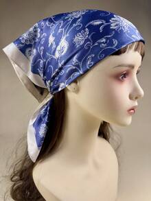 1pc Women's Bohemian Style Colorful Floral Pattern Square Silk Scarf, Elegant Neckerchief Headscarf Hair Accessory - Royal Blue - View 2