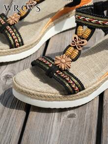 Sandal Tali Anyaman, Sandal Wedges Gaya Bohemian Ringan untuk Liburan, Perlengkapan Liburan Penting, Sandal Platform Sol Tebal Musim Panas, Motif Bunga Acak - Hitam - View 8