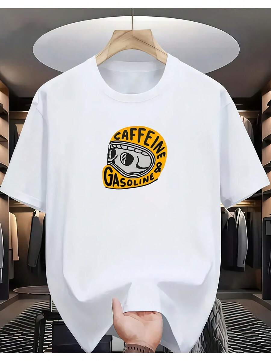 1 Item Of Men's Clothing. This Casual "Caffeine And Gasoline" Themed T-Shirt Is Perfect For Everyone. It's Soft, Gentle On The Skin, And Machine Washable. - 白色 - 查看 1