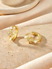 1 Pair Elegant Copper Micro-Inlaid Star Round Hoop Earrings, Minimalist Versatile Daily Wear & Gift For Women - Multicolor - View 7