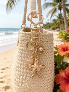Gold Beach Theme Keychain, Decorated With Starfish, Shells, Palm Trees And Pearl Charms, Heart-Shaped Clasp Keychain, Tropical Summer Women's Bag Accessory, Exquisite Ocean Style Keychain, Sparkling Rhinestone Decoration, Earphone Bag Accessory, Car Pendant, Fashionable Minimalist Accessory, Drip Oil Jewelry - Multicolor - View 9
