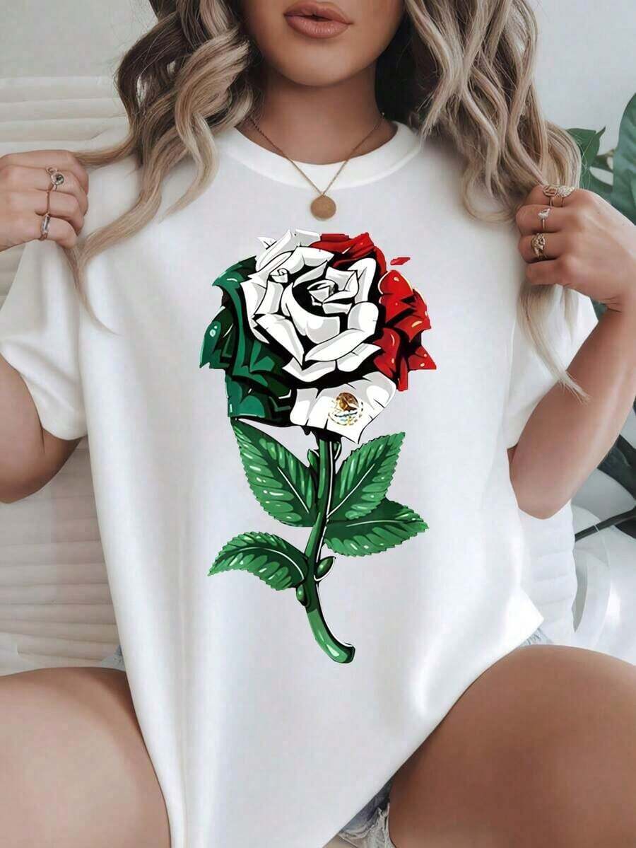 2026 camisetas para hombre - Camiseta casual de manga corta para mujer - Rosa blanca con colores y emblema de la bandera mexicana, cuello redondo, top de verano, lavable a máquina, camisetas para damas, atuendo casual, aspecto moderno, ajuste cómodo.  
 -Black camisas para hombre - Blanco - Ver 1